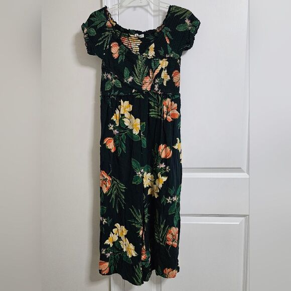 Patrons of Peace Tropical Jumpsuit Women's Med Green Smocked Top Cropped Rayon* - Picture 4 of 10